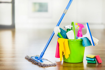 Professional cleaning supplies with mop and bucket
